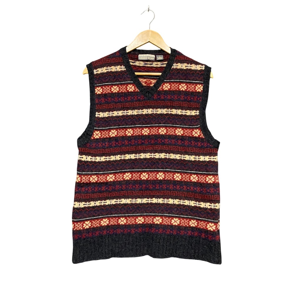 Structure Urban Wear Vintage Mens Large Lambswool Fair Isle Sweater‎ Vest V-Neck